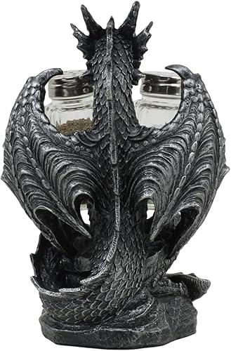 Miniatura 5 de Ebros Gift Juego de salero y pimentero gótico medieval, color negro, semimetálico, negro, estatua de 7.75 pulgadas de alto, figura de dragón de