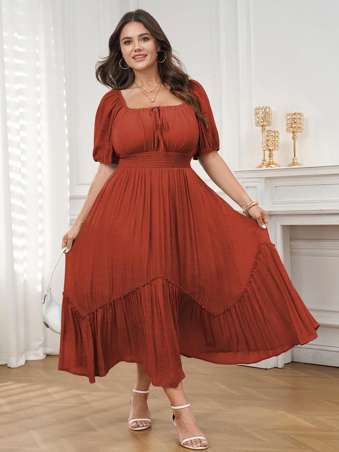 Women's Plus Size Dress Short Sleeve Square Neck Tie Front Ruffle Hem Boho Maxi Milkmaid Dress - Image 4