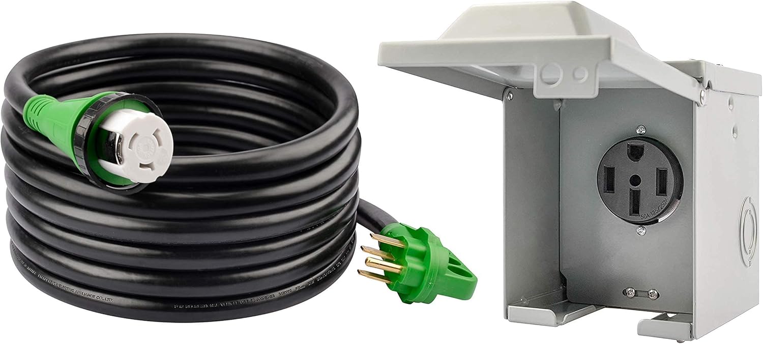 RVGUARD Bundle 50 Amp 25 Feet RV Power Extension Cord NEMA 14-50P to NEMA SS2-50R with NEMA14-50R 50 Amp 125/250 Volt RV/EV Waterproof Power Outlet Box, Green, ETL Listed