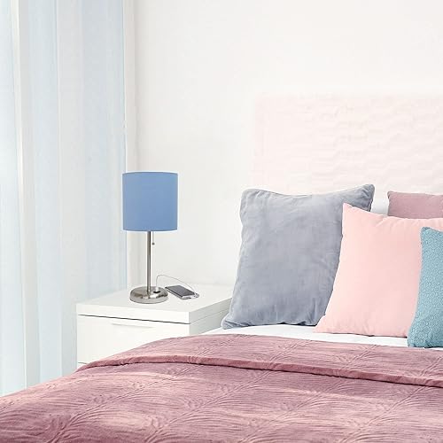 Miniatura 5 de Oslo - Lámpara de escritorio de mesa de metal estándar de 19.5 pulgadas en acero cepillado con pantalla de tela azul