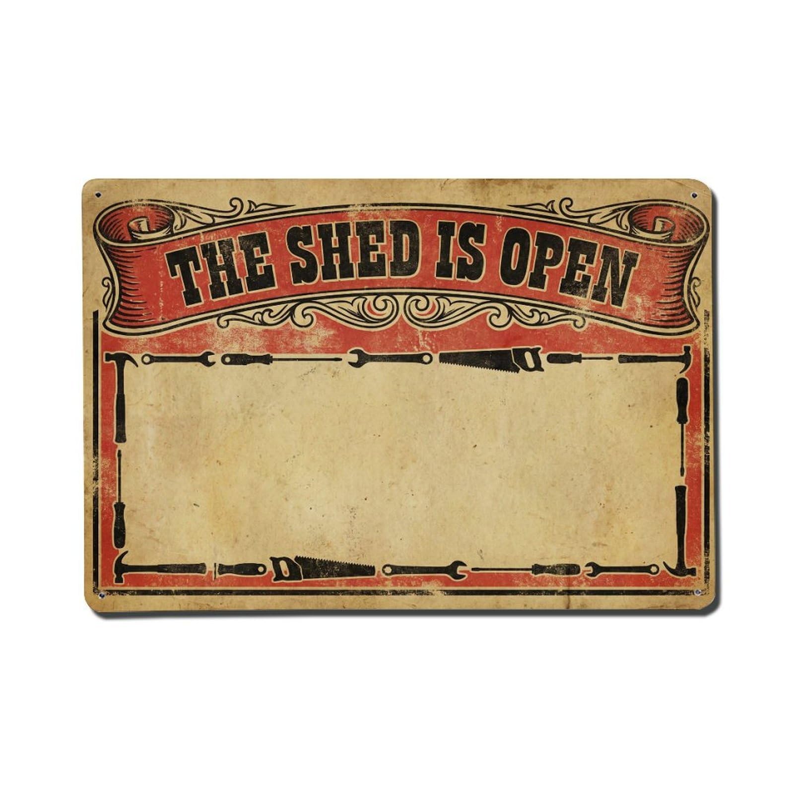 Workshop Shed Open Tools DIY Welcome Repair Service Metal Tin Sign Plaque Wall Decor for Cafe, Man Cave, Club Bar, Office, Home Garden Round Metal Poster 8x12Inch