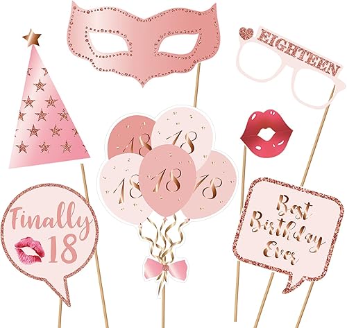 Miniatura 2 de Accesorios y letreros para cabina de fotos de fiesta de cumpleaños número 18, color oro rosa, kit de accesorios para selfies con palos para niñas y
