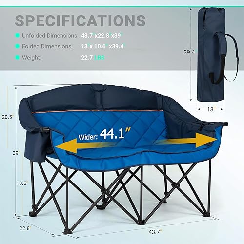 Miniatura 2 de Overmont Silla de camping doble de gran tamaño  Sofá de campamento cómodo para 2 personas con bolsa de enfriamiento y estantes de vino  Sofá de dos