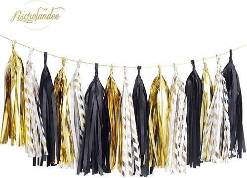 Miniatura 5 de NICROLANDEE Decoraciones de fiesta de oro negro – 28 pompones de papel de seda negro dorado para colgar faroles de papel colgantes con borlas para