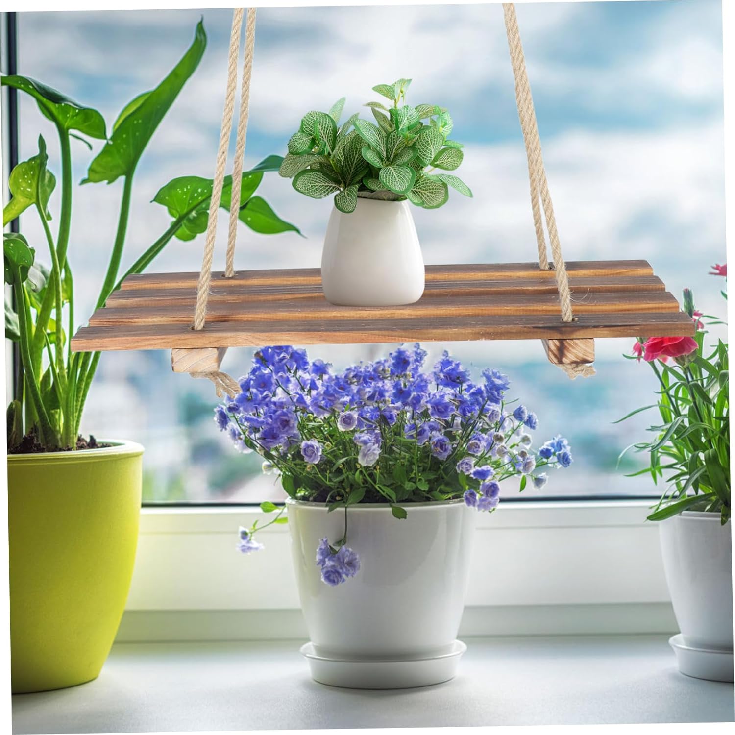 Happyyami Wooden Hanging Plant Shelf Unique Balcony Railing Display Stand for Plants and Decorations Modern Minimalist Design Sturdy Construction Space-saving Home Decor