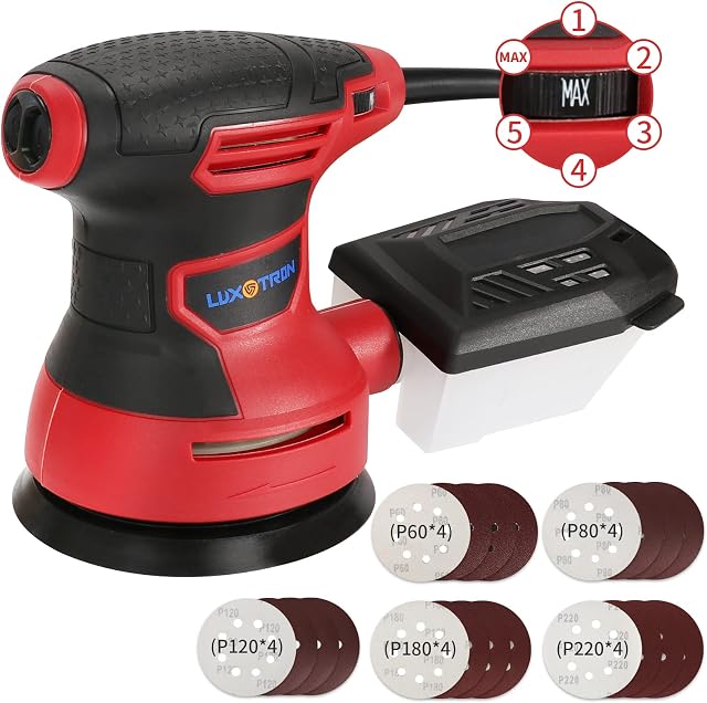 Random Orbit Sander,Luxotron,125MM Sander Machine with 13000RPM 5 Variable Speed,Dust Collection Box,2 Meter Power Cord,20 Sanding Discs,Efficient Sander for Woodworking,Sanding, Detailing,Finishing