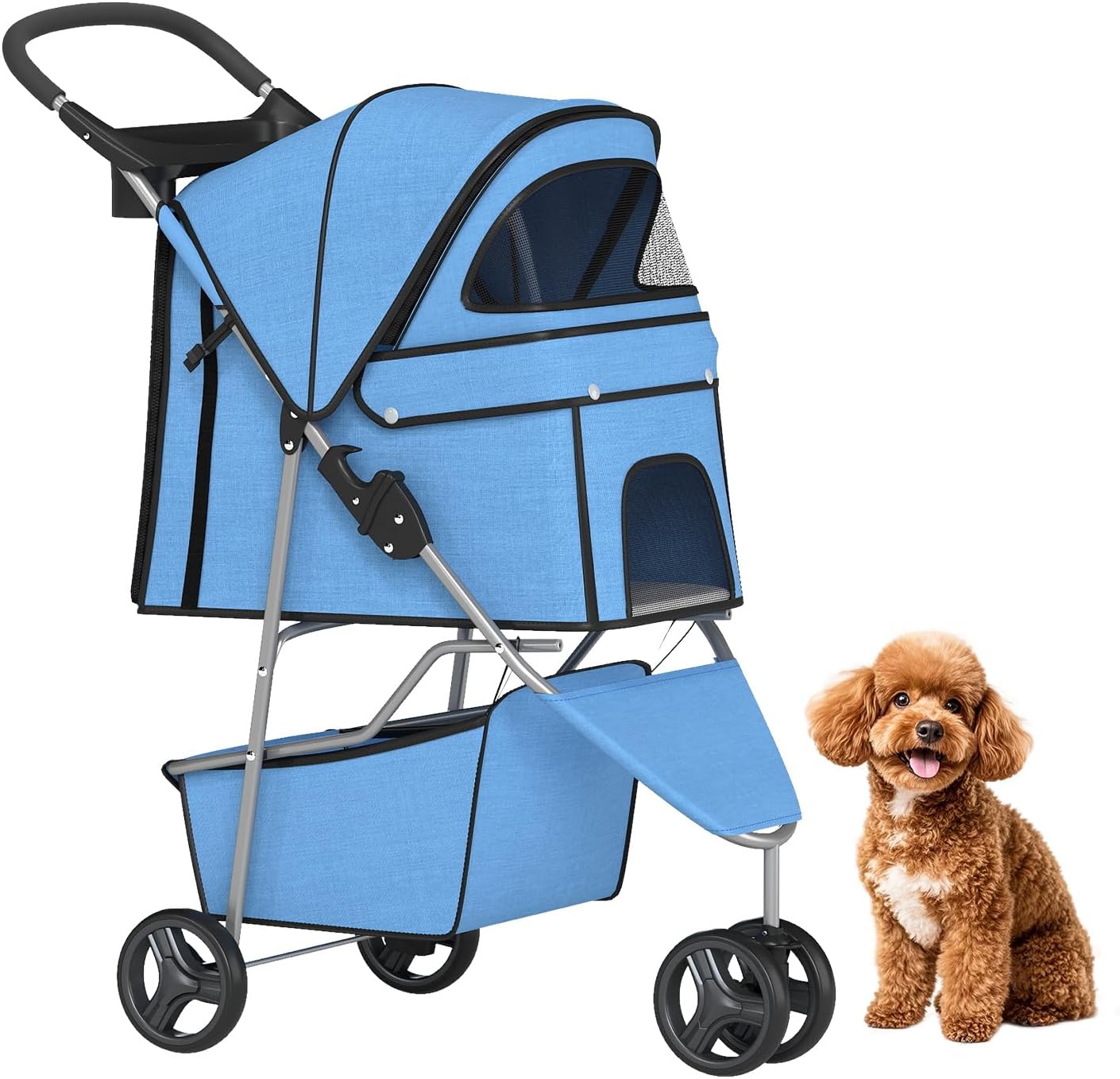 BestPet | 3-Wheel Pet Stroller | Blue | Foldable Dog and Cat Stroller | Breathable Mesh | Lightweight, Waterproof Travel Carrier with Cup Holder & Storage Basket | for Daily Walks & Outdoor Use