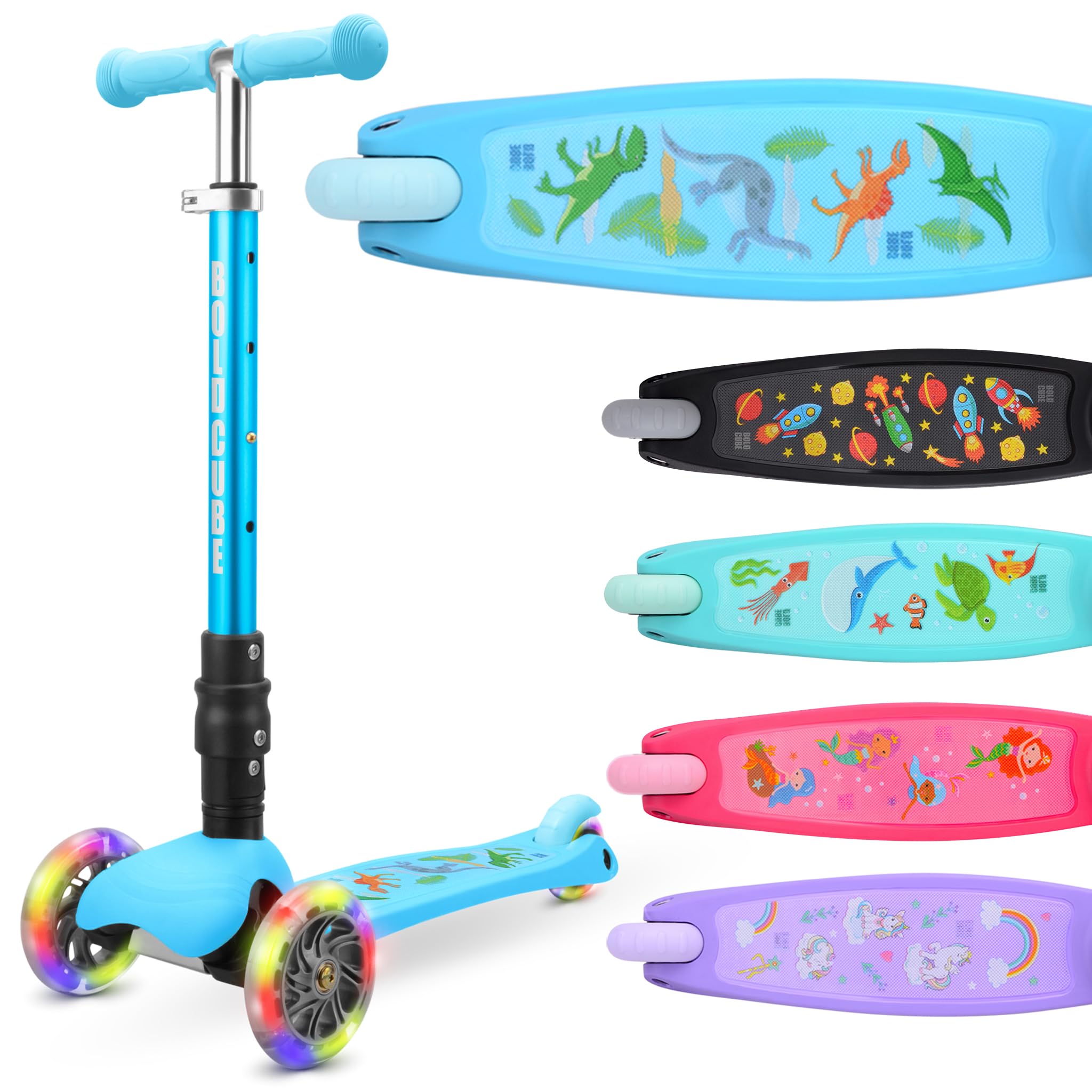 BOLDCUBE Teeny Fold Dinosaur | Scooter for Boys and Girls Ages 3-8 Years | Foldable | Flashing Light Up Wheels | Height Adjustable 61 to 79 cm