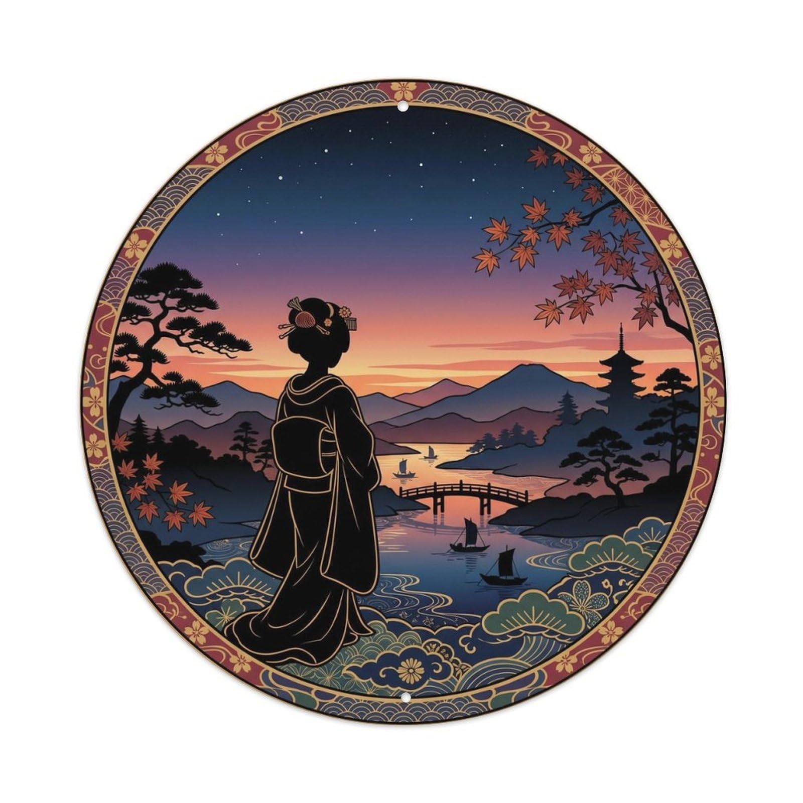 Galvaxio Style Japanese Kimono Woman Observing Dusk Sky Darkening Metal Tin Sign