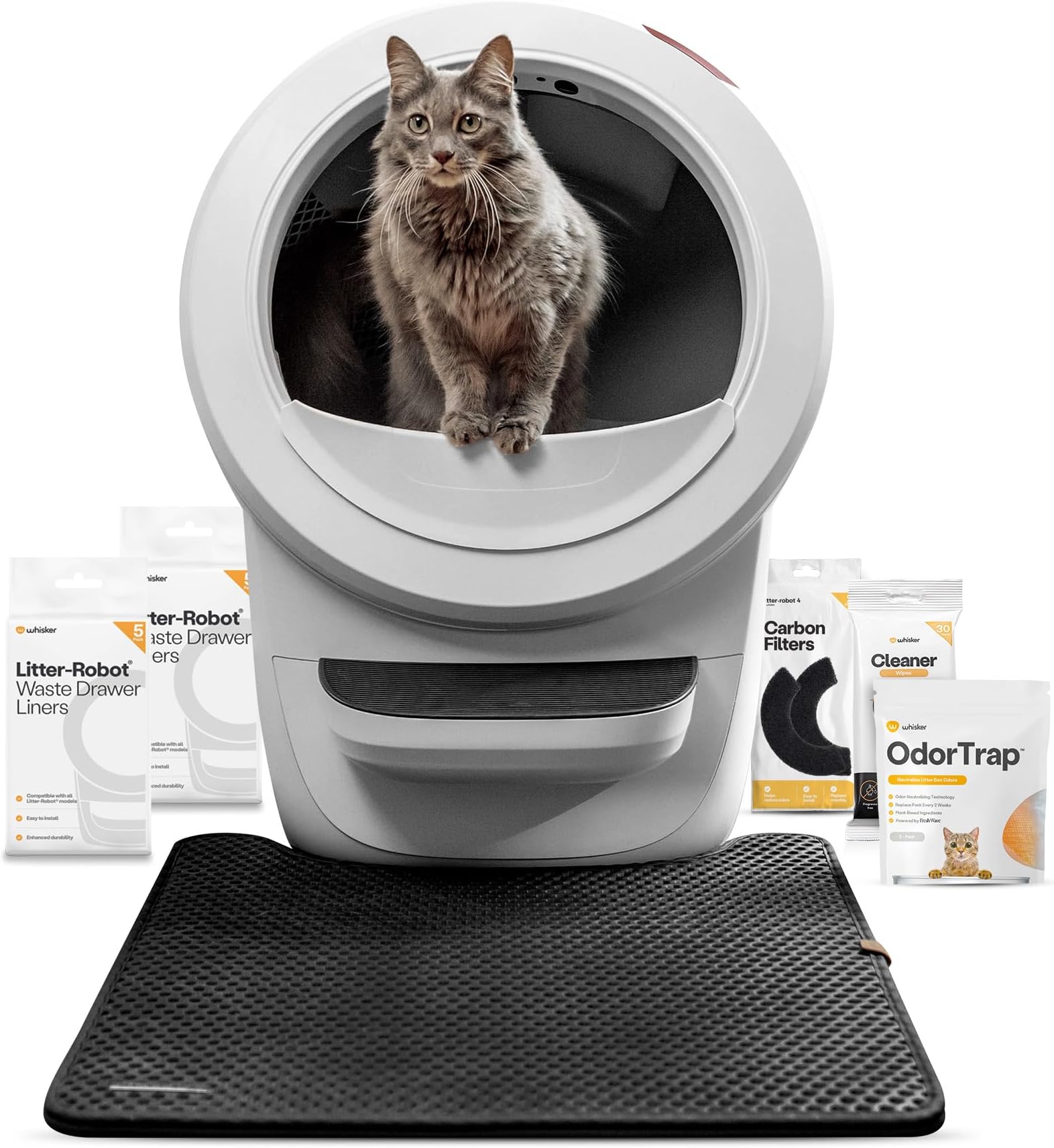 Litter-Robot 4 Supply & Accessory Bundle by Whisker, White- Automatic Self-Cleaning Cat Litter Box, Includes Litter-Robot 4, Mat, 3 OdorTrap Packs, 10 Liners, 30 Wipes, & 2 Carbon Filters
