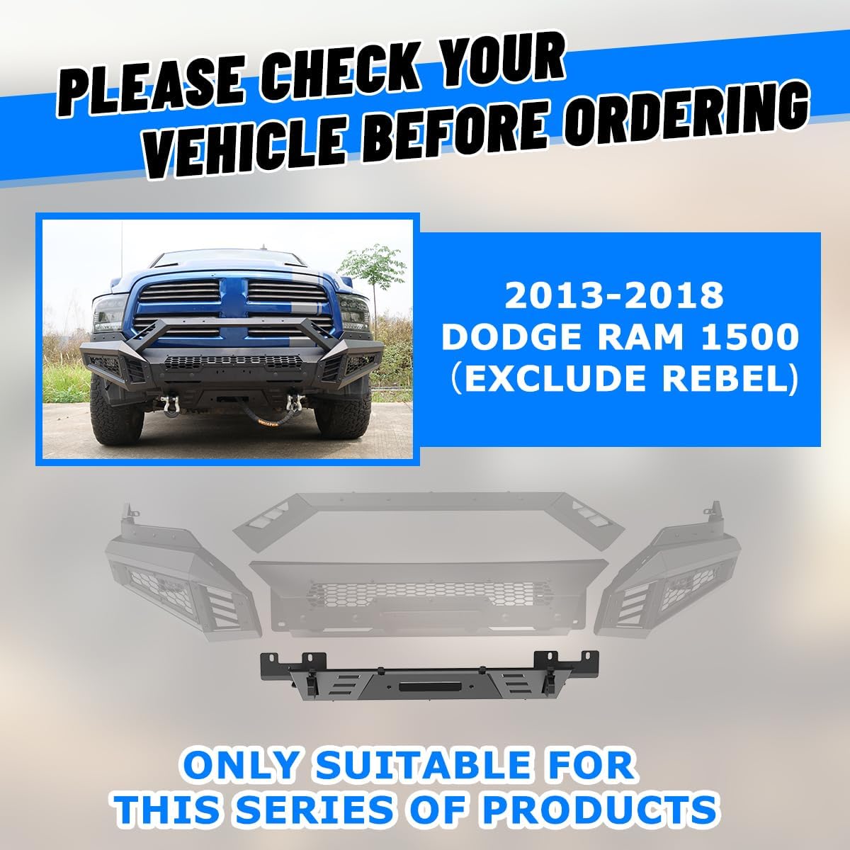 Image showing a Dodge Ram 1500 truck and text indicating compatibility for 2013-2018 Dodge Ram 1500 (Exclude Rebel) and 2019-2023 Ram 1500 Classic (Exclude Warlock).