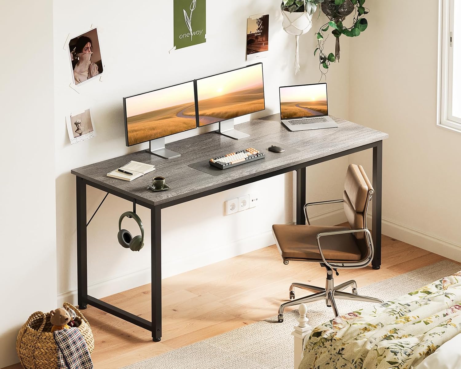 Casaottima 54 Inches Small Computer Desk, Work Study Table for Home Office, Kids Student Writing Desk with Headphone Hooks, Grey