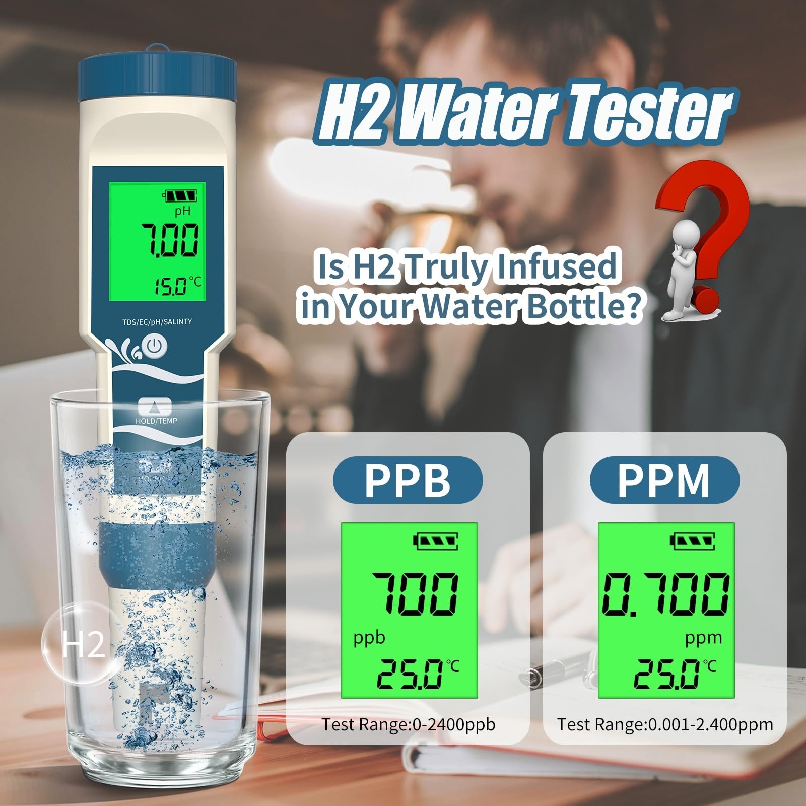 Misuratore digitale di pH/ORP/Temp/H2 for acqua Ppb Ppm con risoluzione ATC 0,01, tester idrogeno ad alta precisione for piscine potabile,Multifunzionale