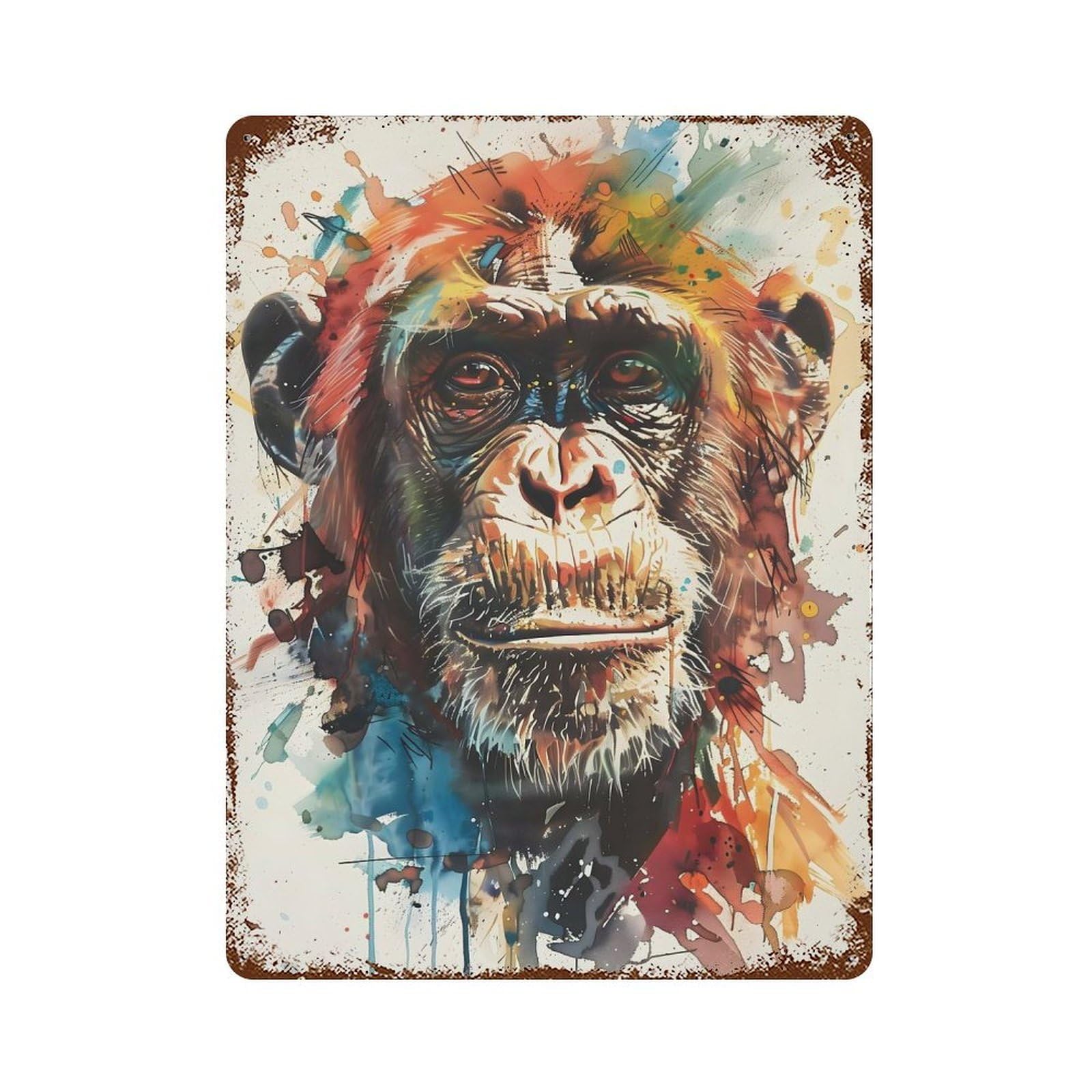 Rust Effect Splash Watercolor Monkey Aged Metal Wall Plaque 15.7"x11.8", Shabby Chic Decor for Basement, Hobby Room And Garage Decor