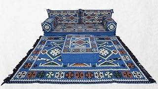 Blue Arabic Majlis, Arabic Floor Sofa Seating Set, Arabic Jalsa,Meditation Loveseats, Floor Cushions,Hookah Lounge,Ottoman Couch, Rug,Kilim