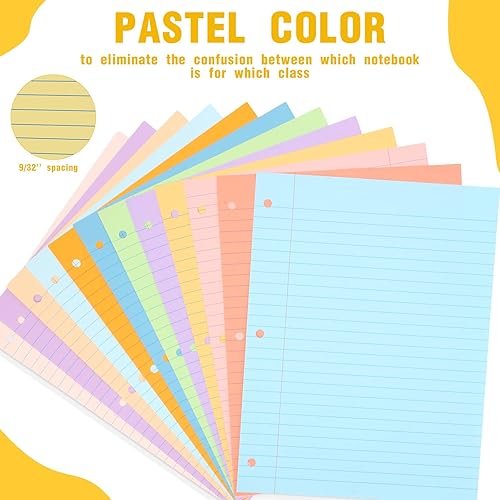 Miniatura 3 de 600 hojas de papel de hojas sueltas de 8.5 x 11 pulgadas, papel de relleno de colores, paquete de 12 hojas rayadas universitarias con 3 agujeros,
