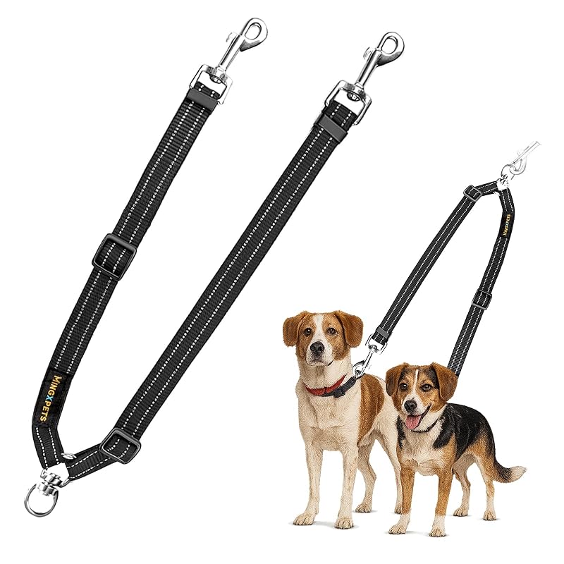 Guia Dupla para Cães com Giro 360° e Nylon Ajustável MingXpets, Médio, Preto