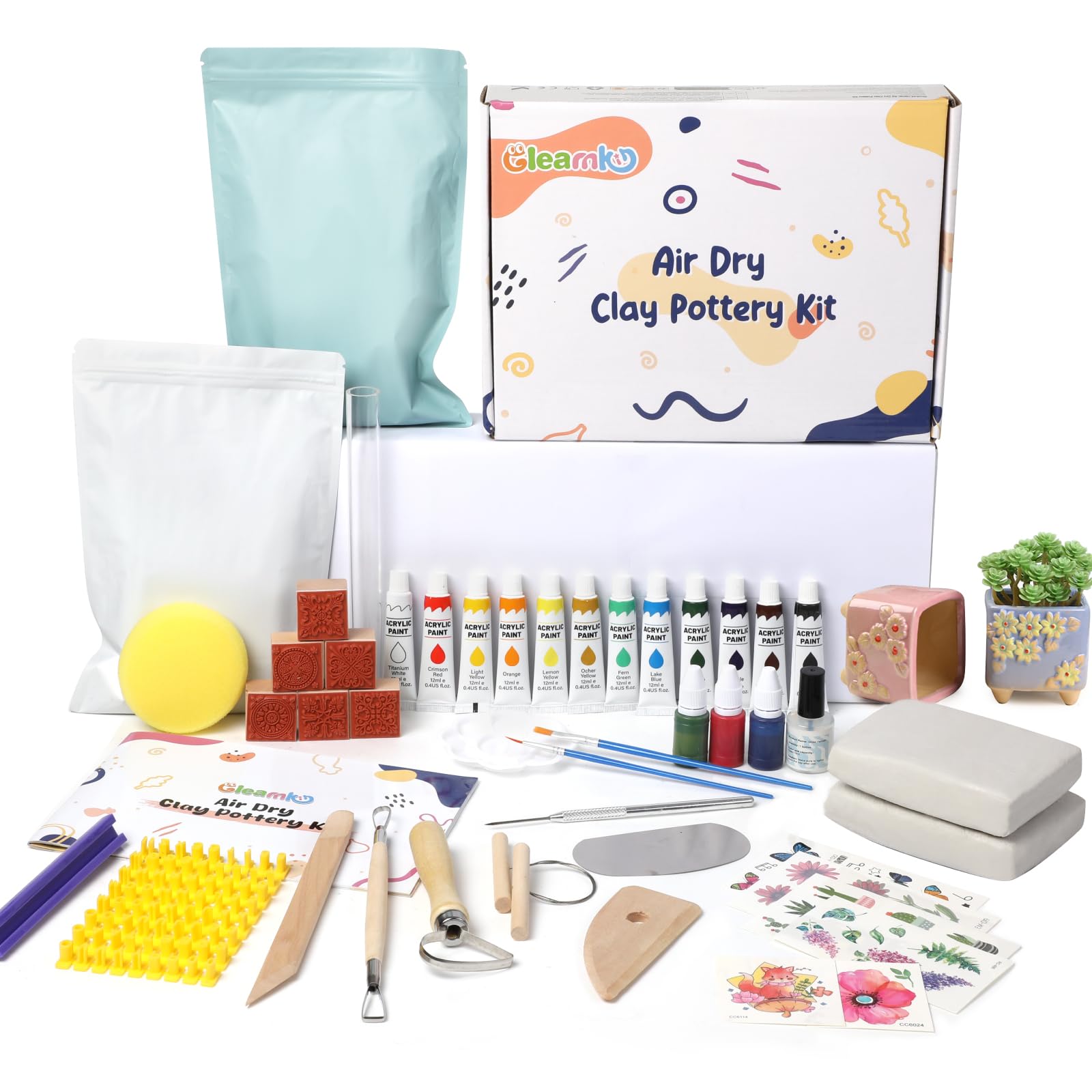 Gleamkid Kit de arcilla seca al aire para adultos, kit de cerámica para principiantes para adultos, juego de cerámica de 43 piezas con pinturas acrílicas, sellos y herramientas, perfecto para