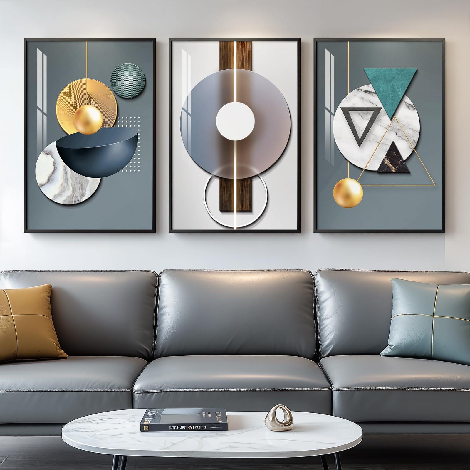 Framed Modern Wall Art for Living Room, 3 Piece Modern Luxury Bright Style Blue Green Paintings Wall Decor, Geometric Prints Artwork with Black Frame for Bedroom, Office,Hallway 16x24 Inch