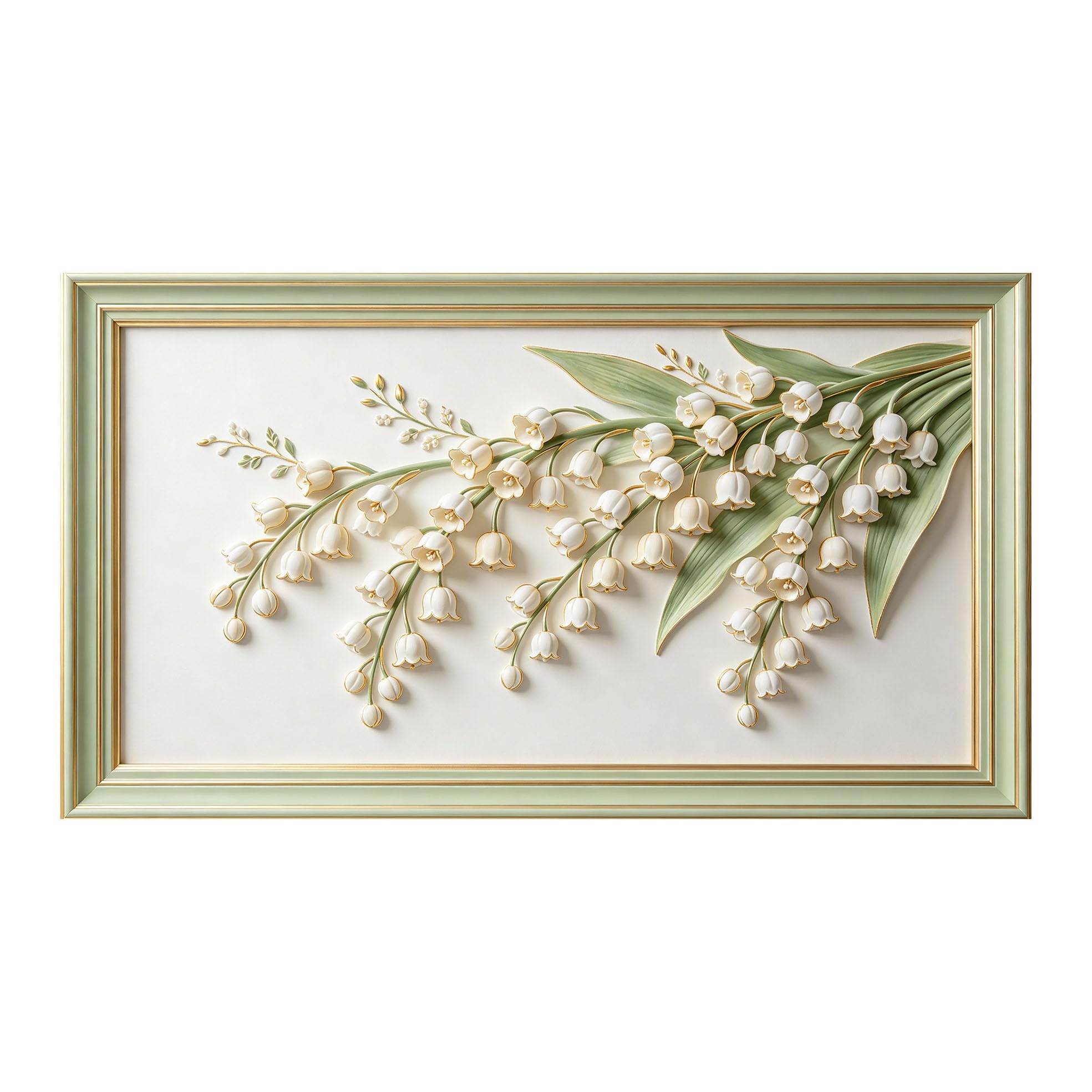 Murasolite 3D Framed Wall Art Lily of the Valley Floral Relief Effect Modern Light Luxury SelfAdhesive Fabric Mural Wall Decor,No Damage to Wall,AntiFall Safe Design for Bedroom Living Room