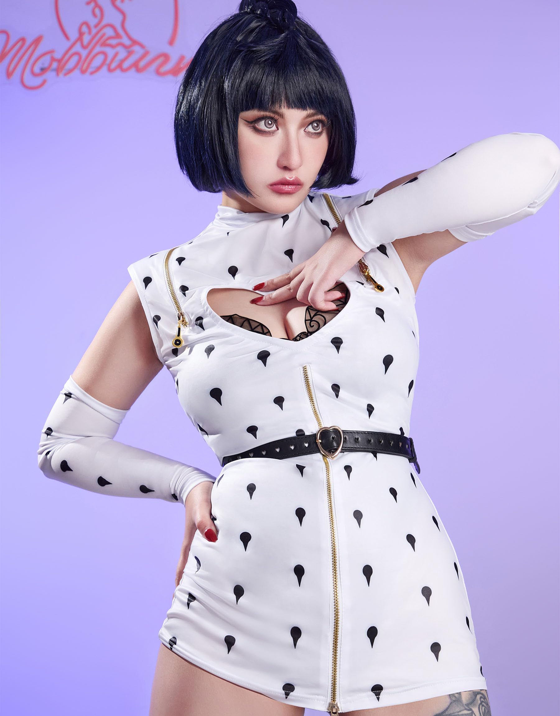 Mobbunny Anime Derivative Cosplay Costume for Women Sexy Lingerie Set Cutout Bodysuit and Dress with Sleeve