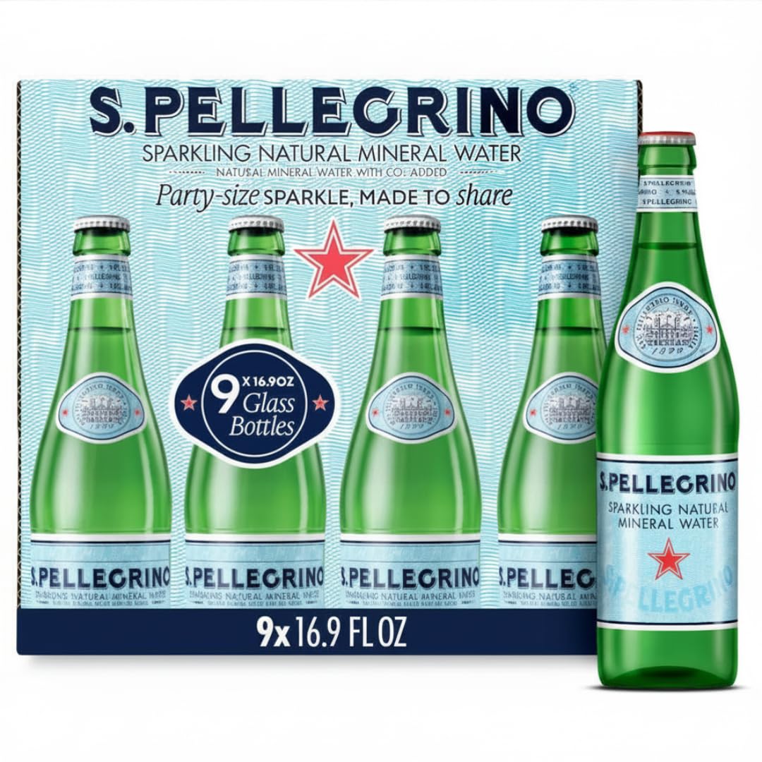 San Pellegrino Sparkling Natural Mineral Water – 500 mL (16.9 fl oz) Glass Bottles – 9 Pack – Premium Italian Carbonated Mineral Water