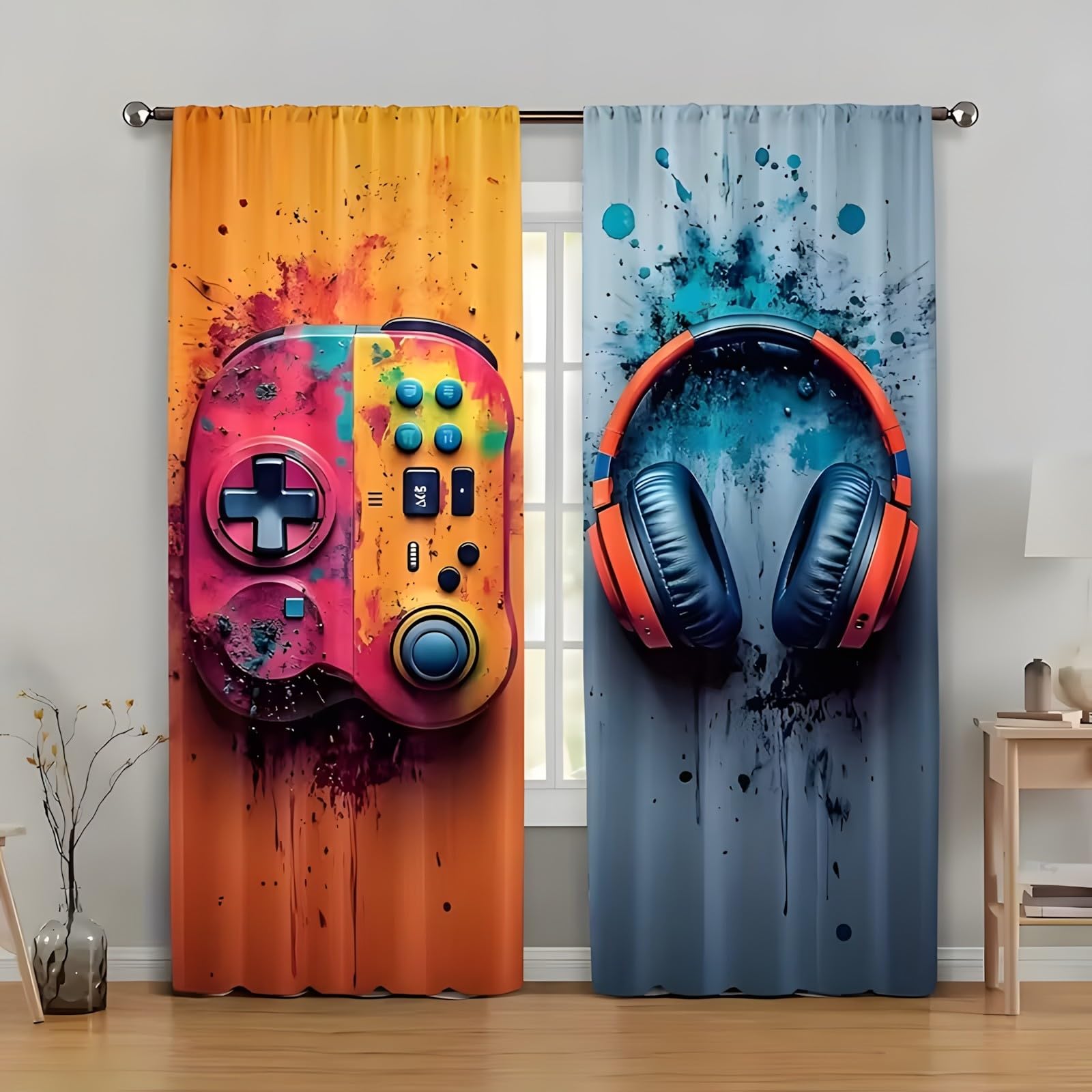 Gaming Pattern Blackout Curtains for Bedroom Living Room 2 Pack 140 x 220 cm Headphones with Eyelets for Heat & Cold Protection - B280 x H140 cm (2 Paneler )