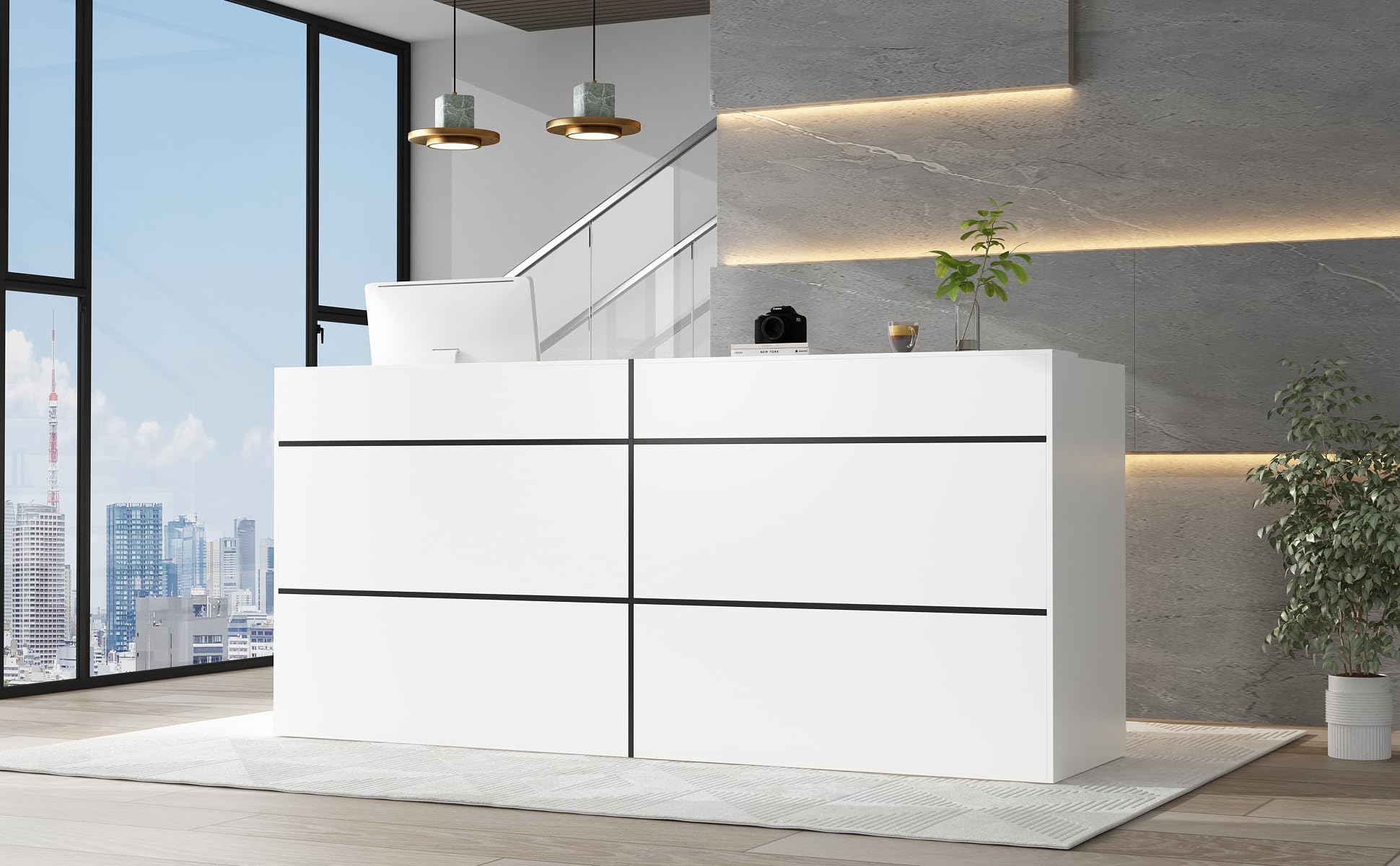 Grande bancone di ricezione con grande superficie di lavoro, casse di ricevimento, banco di reception, bancone negozio, banco di vendita, mobile reception, bianco, MDF, 220 cm x 60 cm x 100 cm