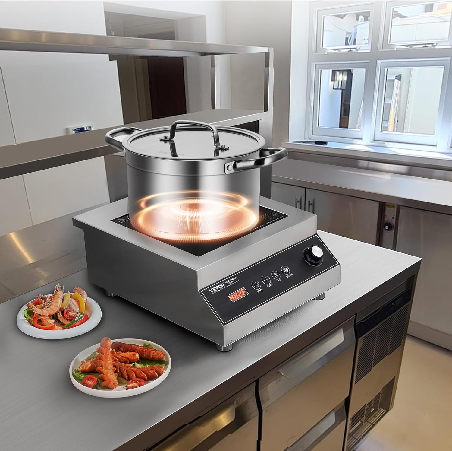 VEVOR Portable Commercial Cooktop, 5000W Induction Burner with 16 Temp Settings, Stainless Steel Countertop Induction Hot Plate with 4H Timer, Child Lock
