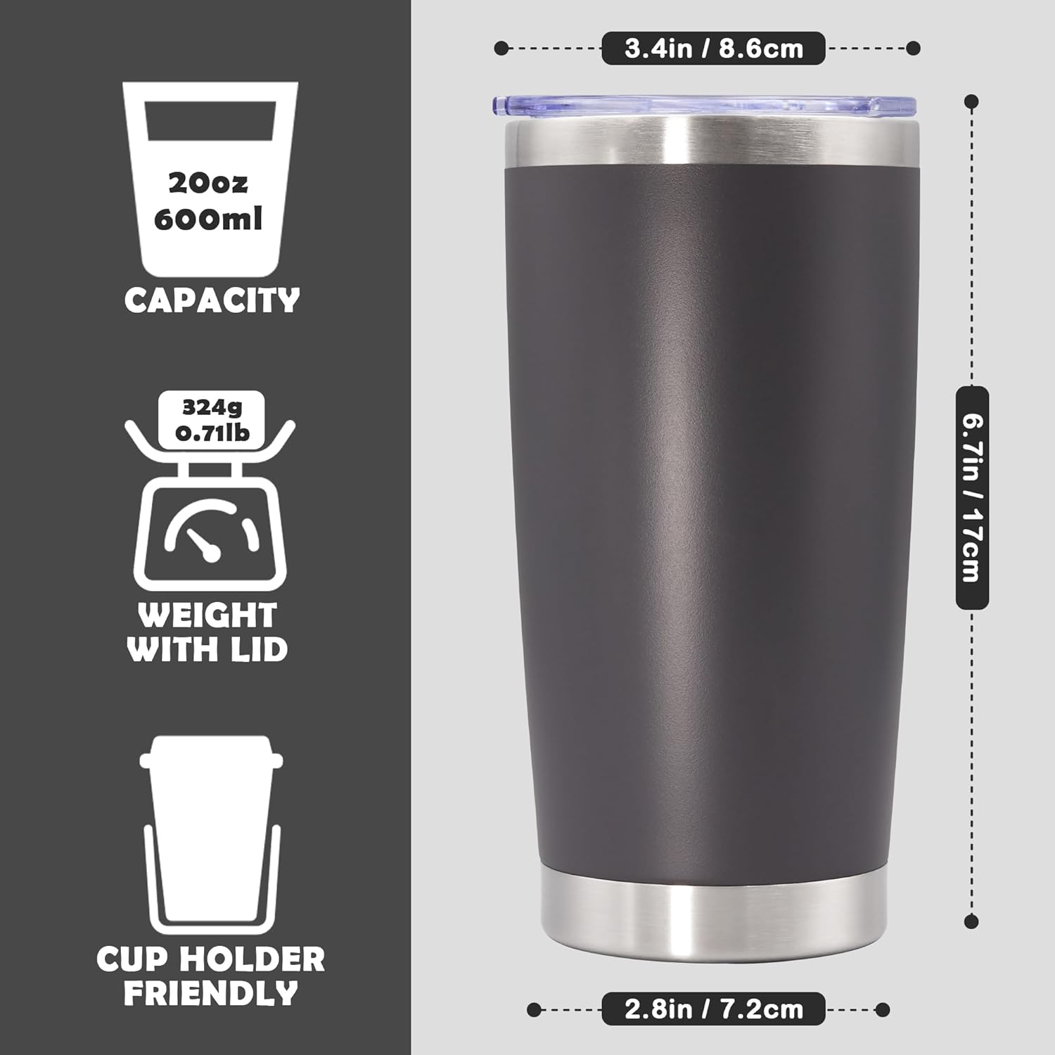 20oz Tumbler Stainless Steel Tumbler Cup with Lid Vacuum Insulated Double Wall Travel Mug, Durable Powder Coated Travel Coffee Tumbler Mug for Hot & Cold Drinks, Grey,1 Pack - Image 4
