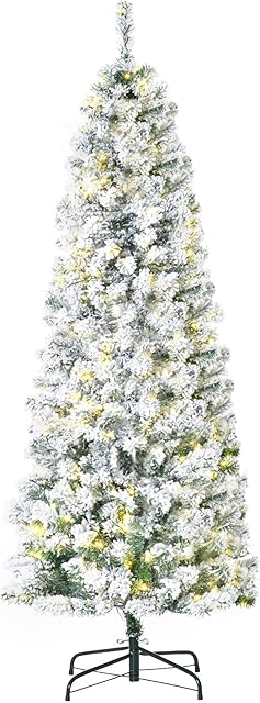 HOMCOM 6FT Prelit Artificial Snow Flocked Christmas Tree with Warm White LED Light, Holiday Home Xmas Decoration, Green White