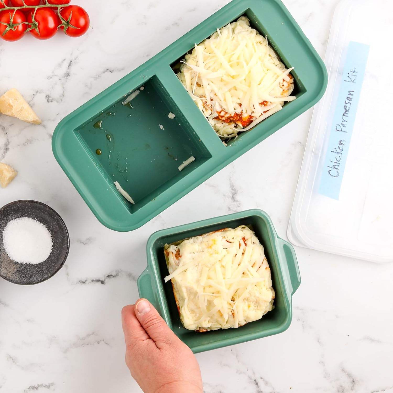 Souper Cubes Stoneware 2.0-5" x 5" Baking Dishes for Oven, Made in USA, Premium Mini Ceramic Baking Dishes with Silicone Covers for Individual Portions, Set of 2 - Kale