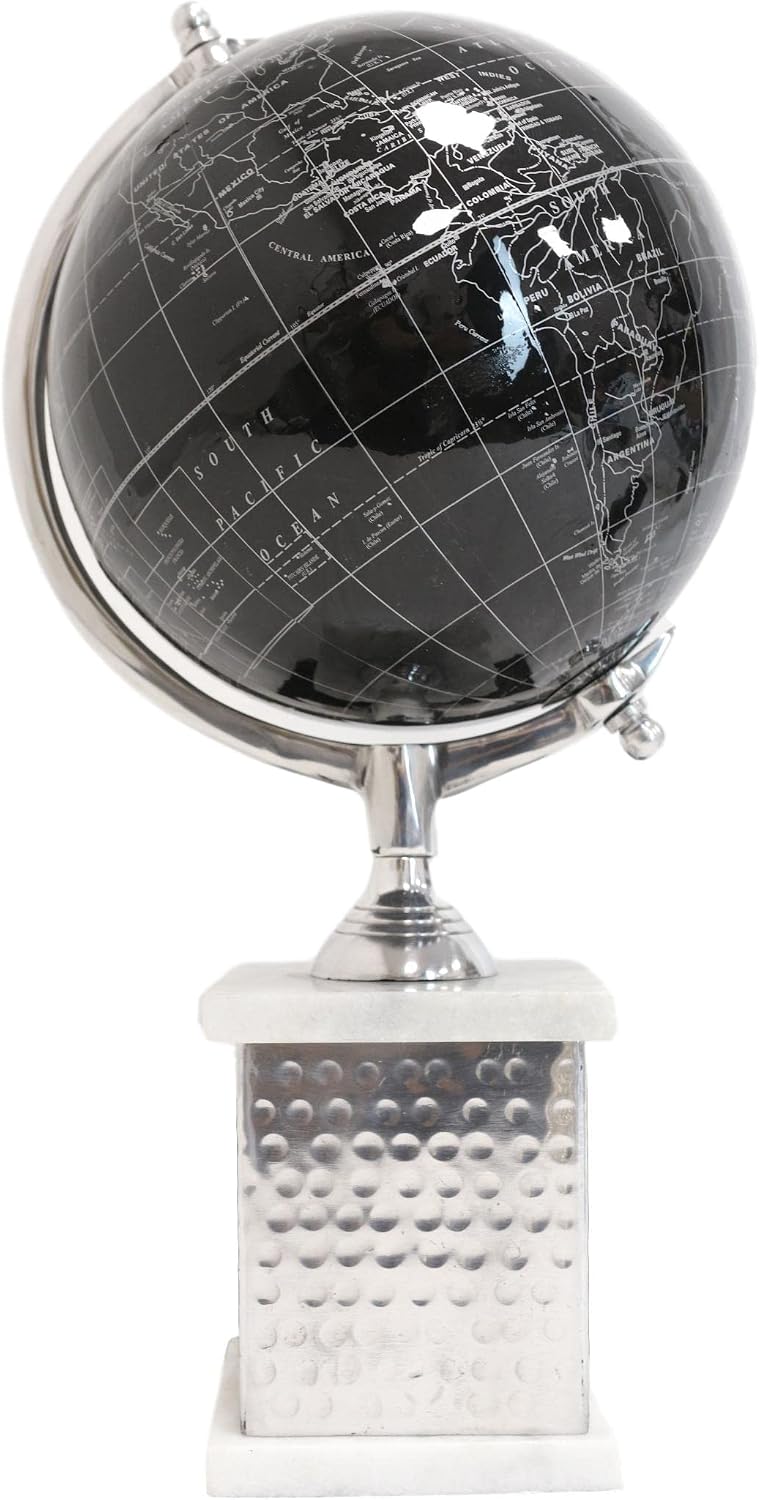 Ebros Gift 16.75"Tall Black Desktop Swivel World Globe With Aluminum Frame Silver Tilt Axis And Marble Accent Base Home Or Office Study Desk Shelf Accent