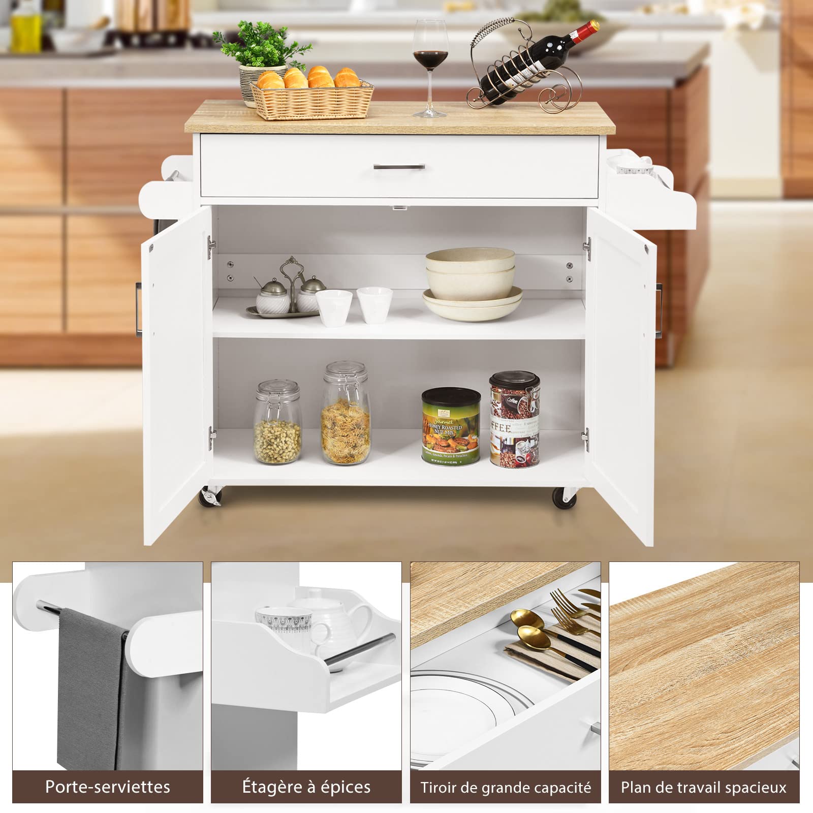 GIANTEX Desserte à roulettes avec Plan de Travail 90 x 40 cm, Desserte de Cuisine avec Grand Tiroir et Armoire à 2 Portes, Porte-Épices et Porte-Serviettes,116 x 40 x 85 cm (Blanc)