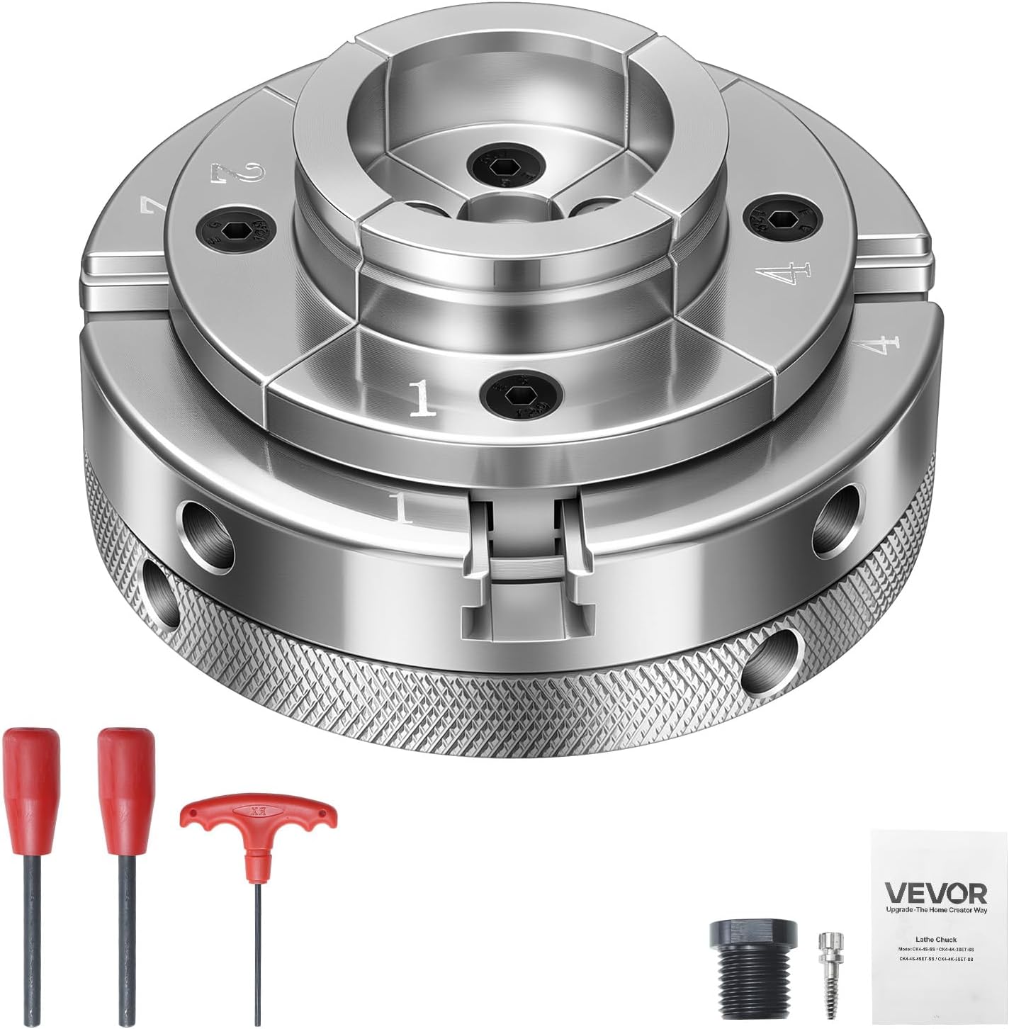 VEVOR 4 Inch Wood Lathe Chuck, 4-Jaw, Self-Centering Wood Turning Chuck Set with 1" x 8TPI Thread & Adapter, Nickel-Plated, High-Hardness Steel, Inside Clamping & Outside Support, for Woodworking