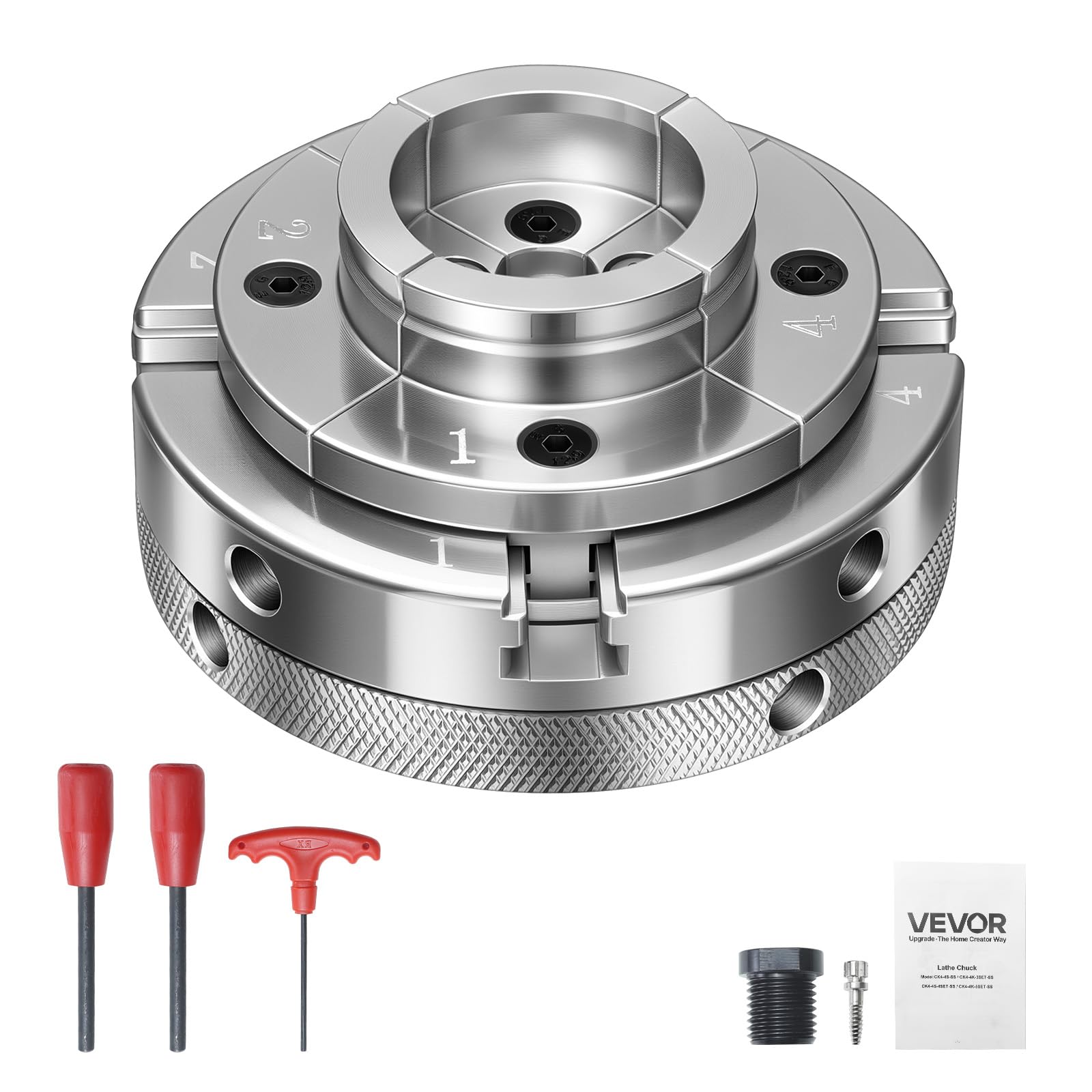 VEVOR Mandril para Torno de Madera 4 pulgadas 4 Mordazas, Juego de Mandril Autocentrante con Rosca de 1 pulgada x 8 TPI y Adaptador, Niquelado, Acero de Alta Dureza, para Trabajos de Carpintería