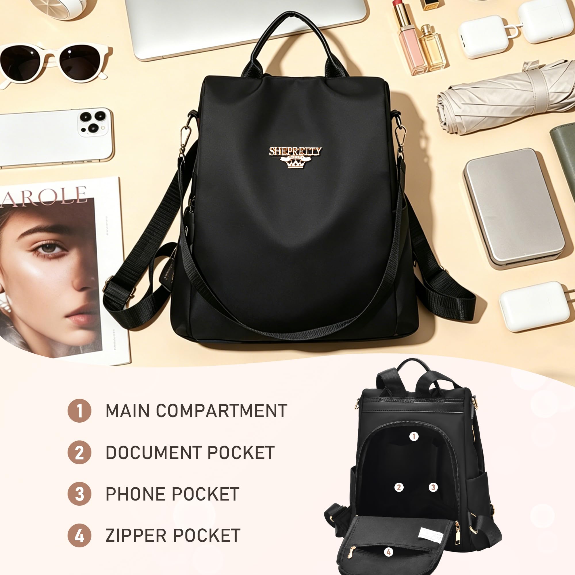 shepretty Sac à dos antivol imperméable pour femme