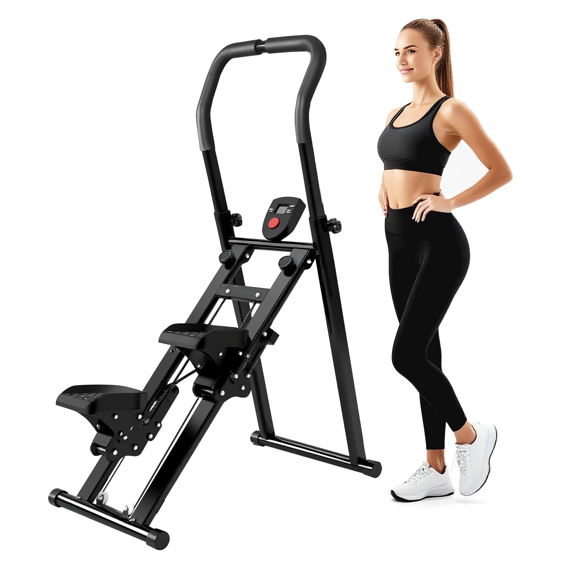 Escalador de Fitness Plegable, Capacidad 150 kg, Stepper Vertical Plegable para Gimnasio con Pantalla LCD con Manillar y Pedales Antideslizantes, Escalador de Fitness para Entrenamiento en Casa