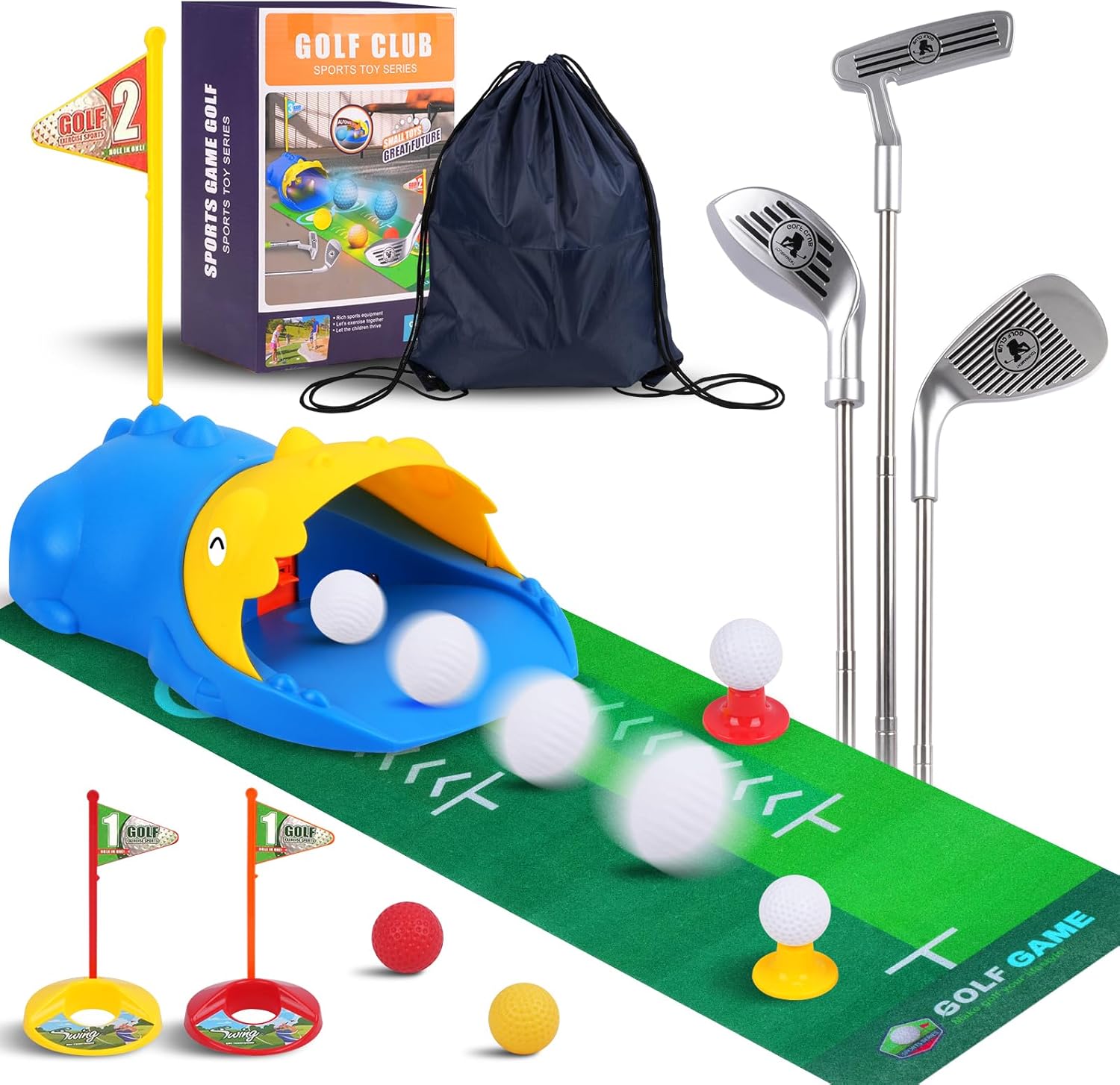 PINKPEACH Toddler Golf Set with Bag, 3-8 Kids Set with Automatic Ball Return, Mat, LED Light Up Night Golf Balls, 3 Clubs & Tees, Indoor & Outdoor Sports Game Toys for 3+ Boys & Girls