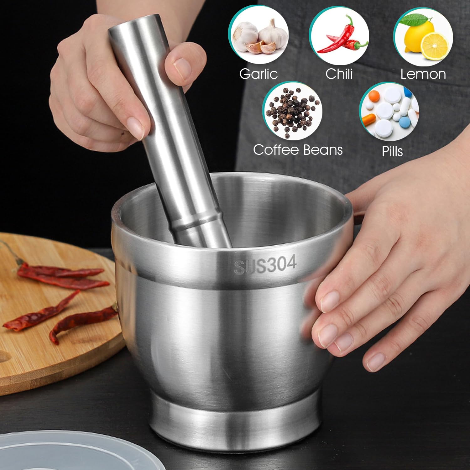 Mortero y mano de acero inoxidable, trituradora de alimentos pulida de 5 pulgadas con tapa, trituradora de píldoras resistente, molinillo de especias, trituradora de hierbas de rendimiento mejorado