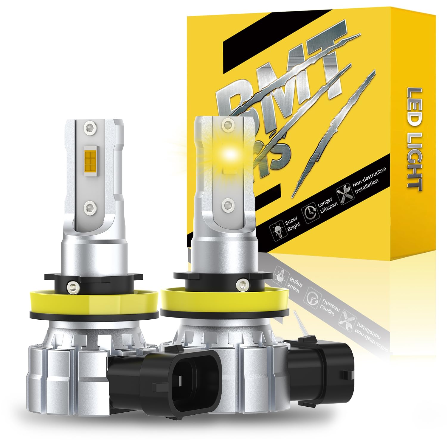 BMT xms Ampoule H11 LED, 16000LM 3000K Jaune ambré H8 H9 LED, 1:1 Taille Halogène, Plug and Play, Lot de 2