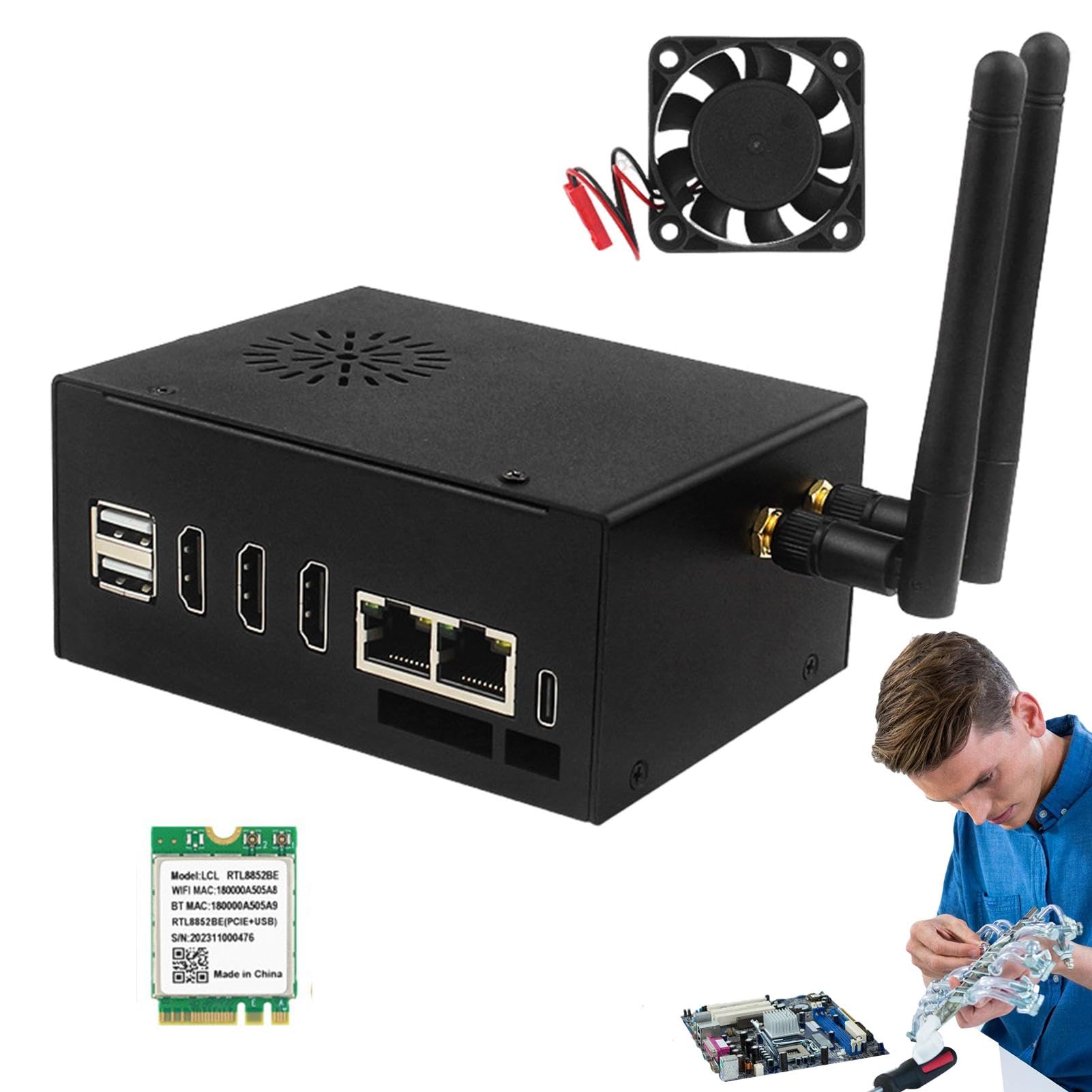 Custodia in metallo con ventola di raffreddamento, guscio in metallo + | radiatore in alluminio per scheda di rete, modulo antenna Bluetoth, alloggiamento in metallo solido, alloggiamento in metallo