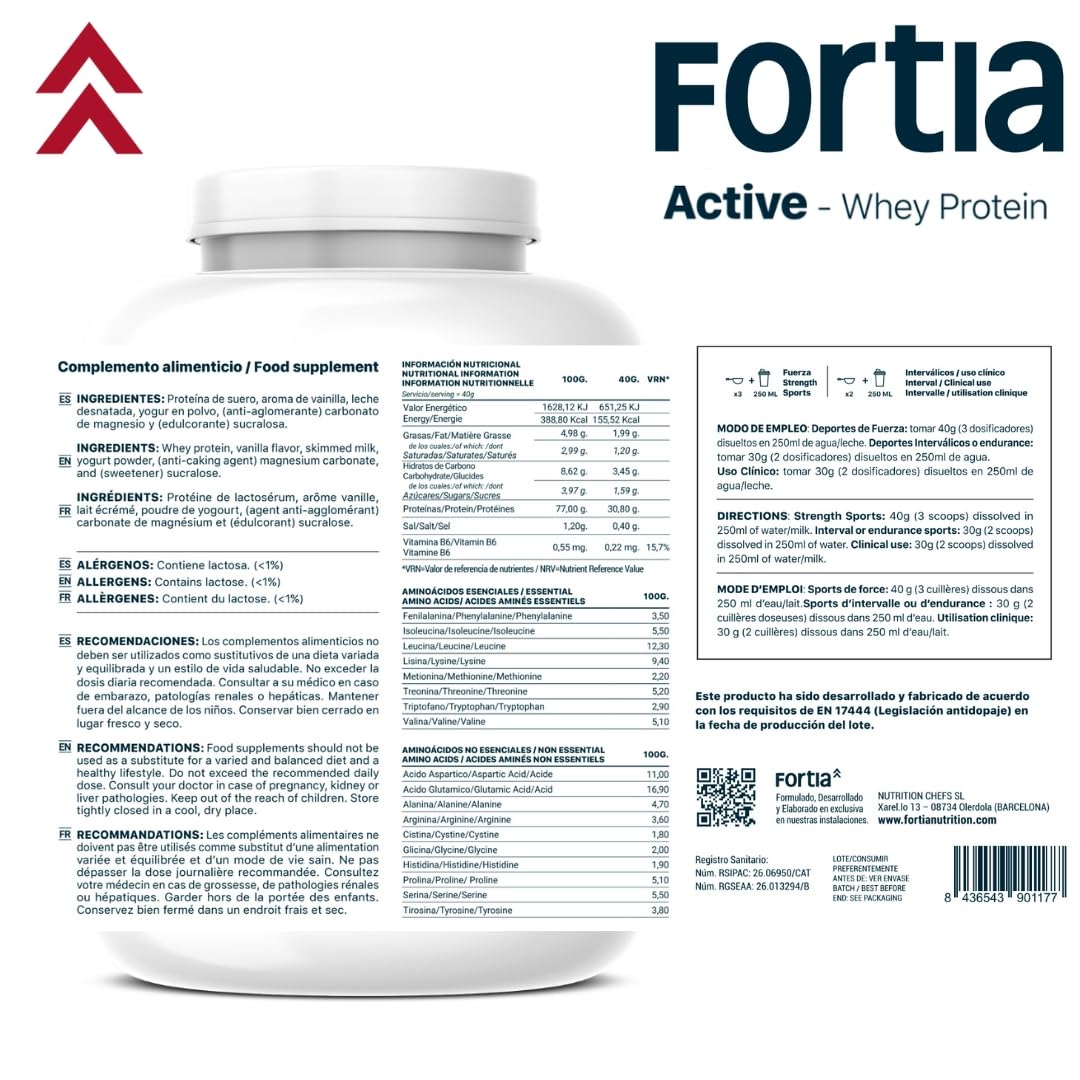 Fortia – Active Whey Protein, Molkenprotein, Molkenprotein, ohne Zuckerzusatz, reich an Leucin und BCAA. Vanillegeschmack, 900 g.