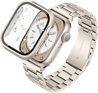 TRUMiRR Band + Protective Case + Screen Protector for Apple Watch Series 9 8 7 41mm Starlight, Solid Metal Stainless Steel Strap & Tempered Glass Cover for iWatch Series 9 8 7 41mm