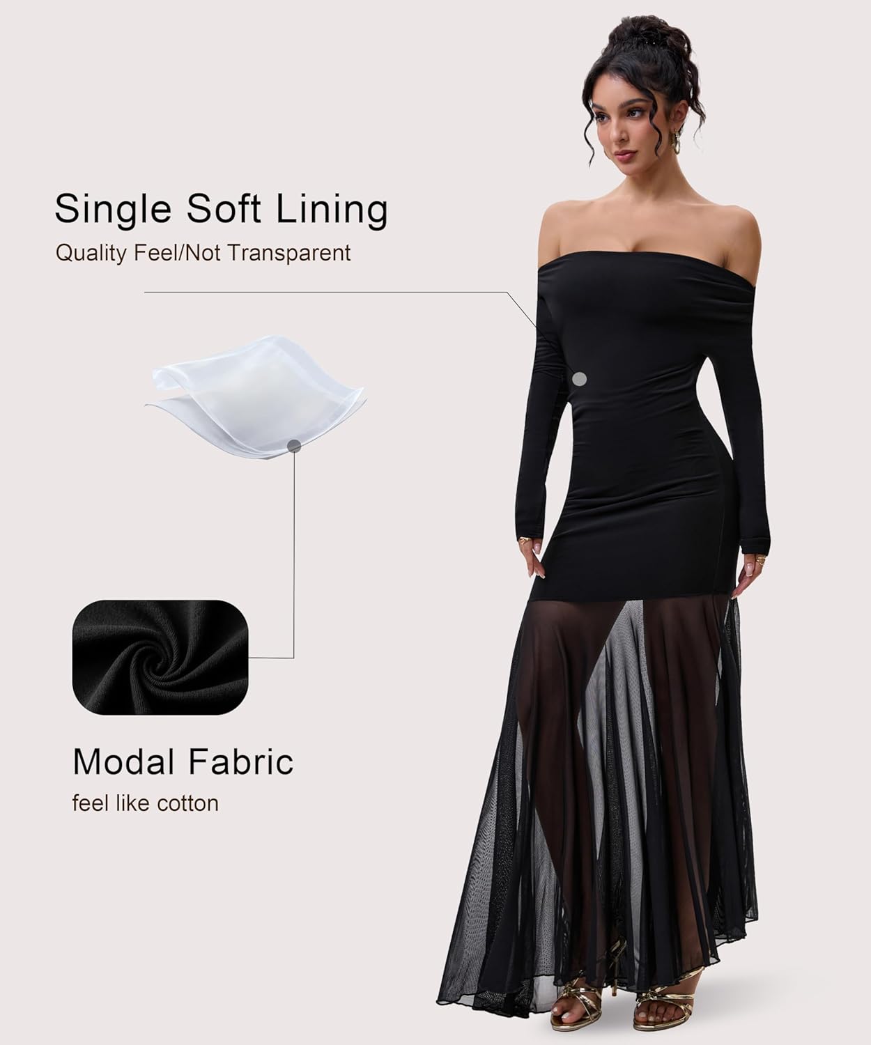 Mesh Long Sleeve Off Shoulder Bodycon Maxi Dress for Women Modal Elegant Cocktail Party Outfits Dress - Image 4