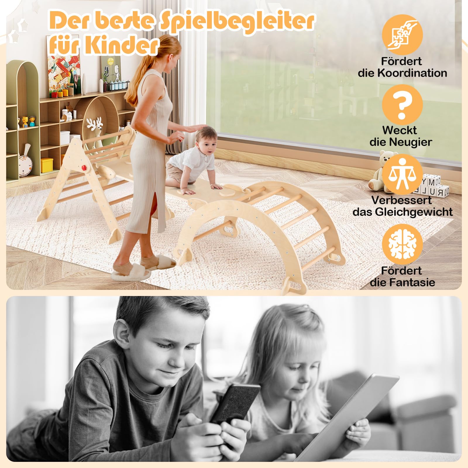 COSTWAY Kletterdreieck mit Rutsche, Kletterbogen, inkl. doppelseitige Rampe, Klettergerüst Indoor klappbar, Sprossendreieck zum Klettern, Rutschen und Wippen, Kinder Spielplatz Holz ab 3 Jahre, Natur