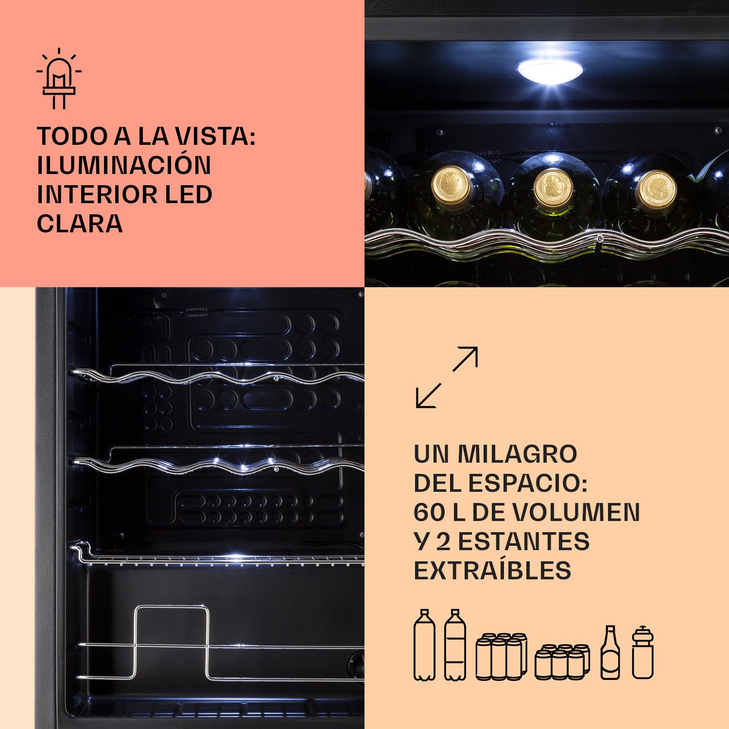 KLARSTEIN Mini Nevera Pequeña Puerta Cristal Habitaciones, Portatil Electrica, para Bebidas, Frigorificos 60L, con Estantes
