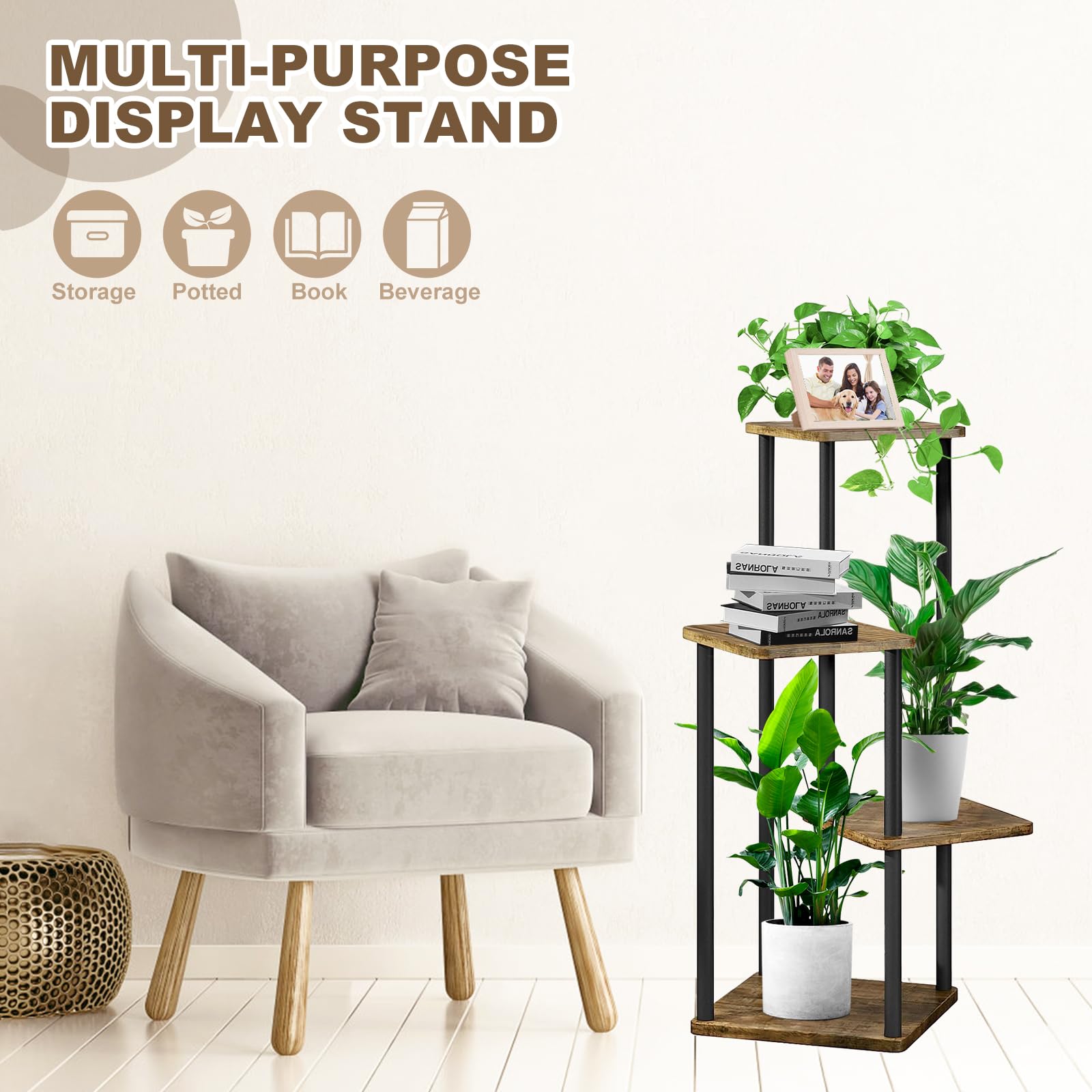 4-Tier Hölzern Blumenregal Pflanzenregal, Mehrstöckig Blumenständer Pflanzenständer Blumenbank Blumentreppe Pflanzentreppe Standregal für Innen Garten Balkon Deko(Schwarz)