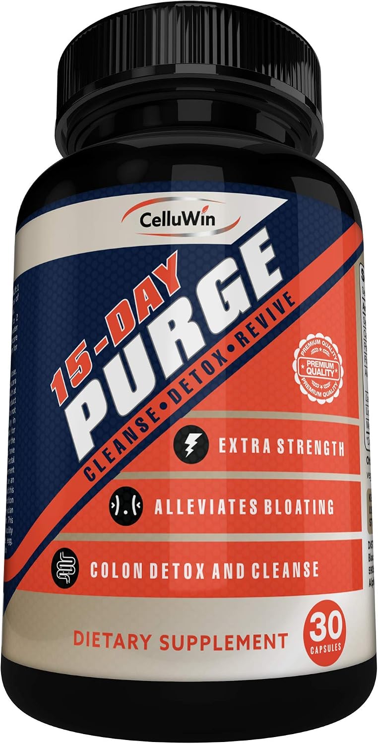 15-Day Purge Rapid Colon Cleanse, Natural Detox Pills for Bloating, Constipation and Gas, Supports More Energy and Good Weight Management, Body Cleanse Detox For Women and Men, 30 Capsules - CelluWin