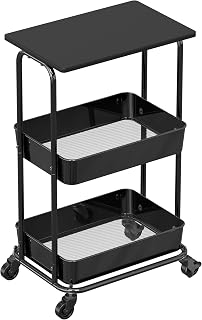 Simple Houseware 2-Tier Rolling Utility Cart Wood Top/Lockable Wheel, Black